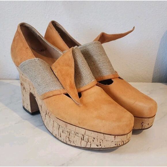 Rive Gauche Shoes - Rare Rive Gauche women Suede wedge Cork Platform Loafer Heels 38 made in Italy